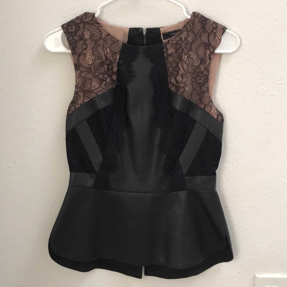 NWOT BCBG lace and leather peplum top